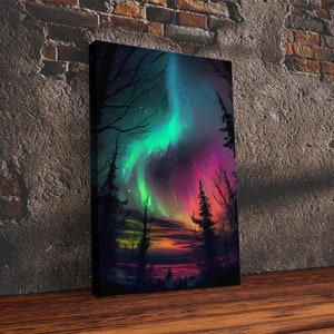 Aurora Borealis, Northern Lights Art, framed canvas print, snow capped mountain landscape art