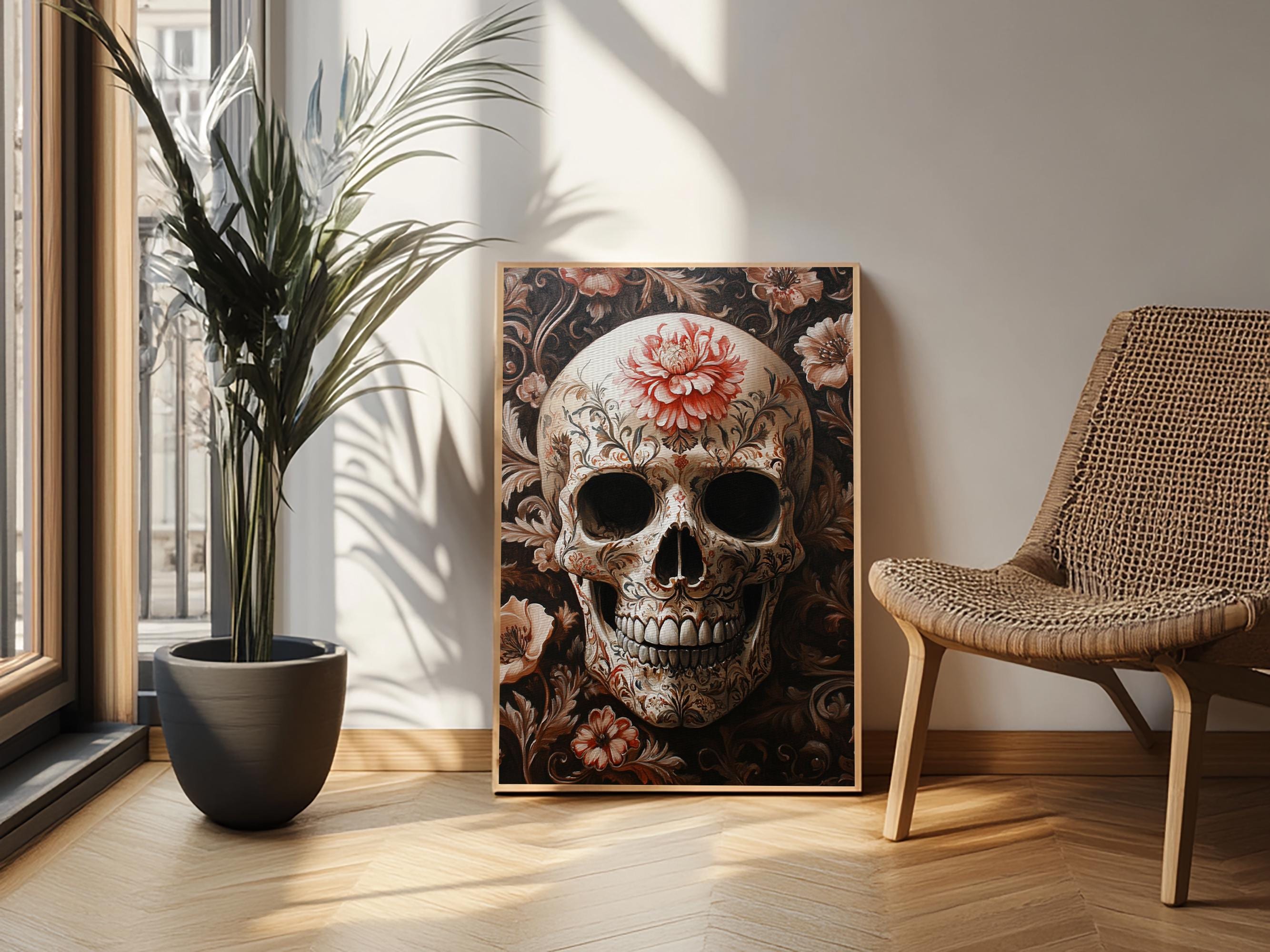 Skull Art Framed Canvas Print with Floral Botanical Prints in