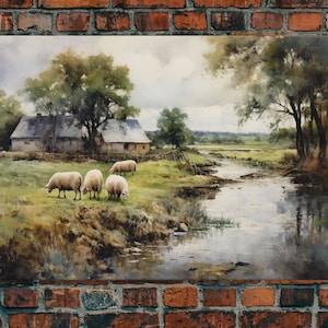 Sheep Grazing By The River, Vintage Art Canvas Print, Vintage Home Decor, Large Canvas Wall Art, Vintage Farmhouse Decor, Vintage Landscape