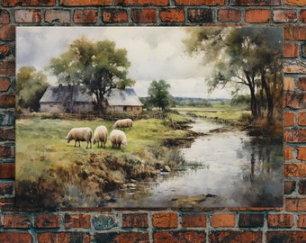 Sheep Grazing By The River, Vintage Art Canvas Print, Vintage Home Decor, Large Canvas Wall Art, Vintage Farmhouse Decor, Vintage Landscape