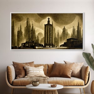 Dystopian Metropolis Art Deco Canvas Print, City Skyline, Fantasy Art, Art Deco Living Room Art, ready to hang wall art