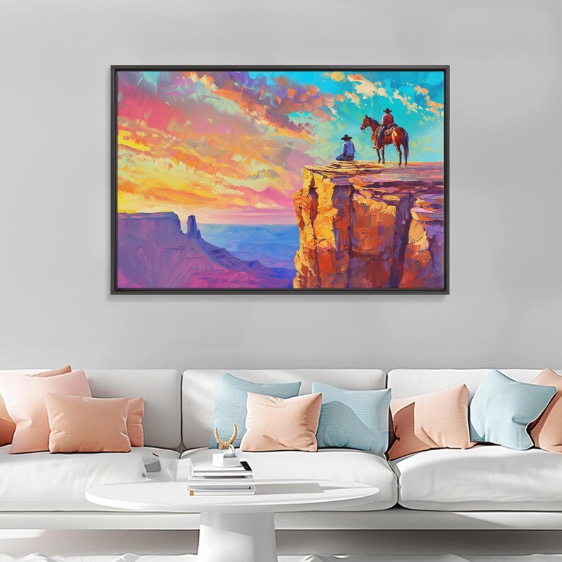 Wild West Art Print, Vintage / Retro Cowboy Wall Art, Framed Canvas or Metal Art, Midcentury Modern Watercolor Painting, Cowboy at Sunset image 20