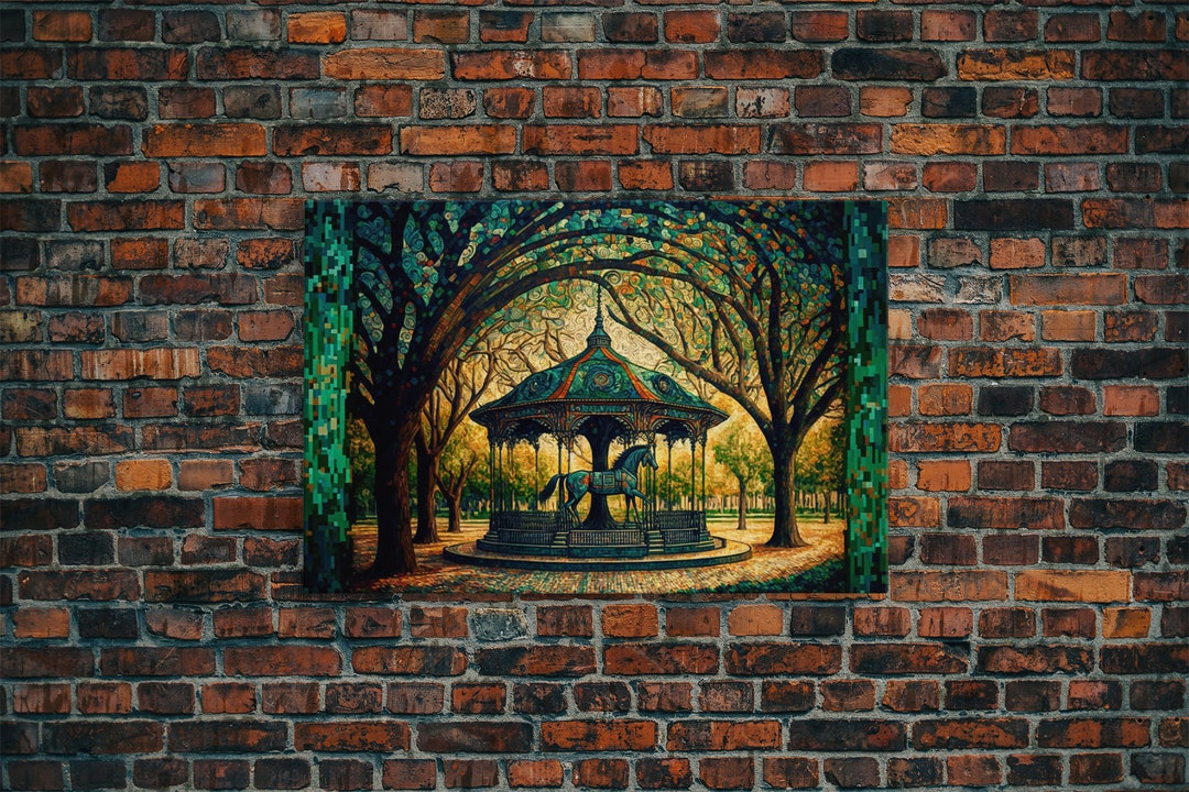 Framed Canvas Print, Painting of a Vintage Carousel, Stained Glass Style Wall Art Etsy