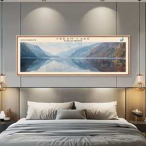 Crean Lake Framed Canvas Print, Lake House Decor, Panoramic Wall Art, Travel Poster, Rustic Lake Painting, Nature Art