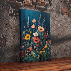 Original Wildflowers Field Framed Canvas Print Wall Art, Vintage Botanical Landscape, Floral Decor, Modern Flower Farmhouse Painting Print