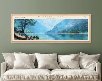 Diablo Lake Washington Framed Canvas Print, Lake House Art, Panoramic Wall Art, Travel Poster, Minimalist Lake Painting, Home Decor