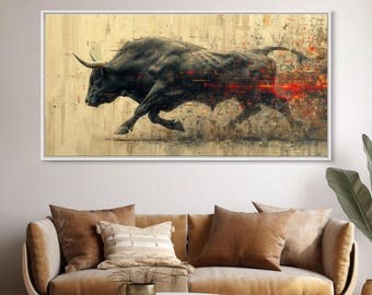 The Charging Bull Framed Canvas Print, Western Decor, Running Of The Bull, Bull Art, Masculine Wall Art, Office Decor, Wall Street Art