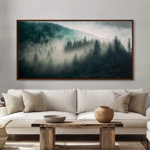 Foggy Forest wall art, relaxing art, zen art, framed canvas print, foggy landscape, trendy decor image 1