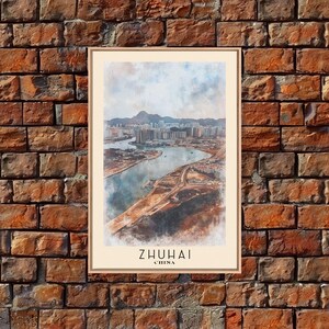 Zhuhai, China Watercolor Print, Vacation Gift, China Wall Art, Beach Painting, Beach Decor, Large Wall Art, Wood Frame Art