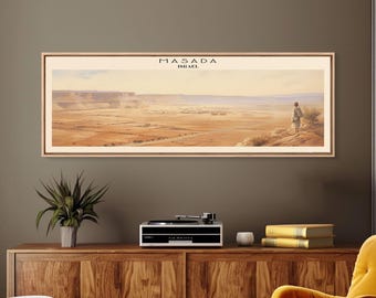 Masada Retro Travel Poster - Panoramic Framed Canvas Print - Israel Travel Decor | Vintage Style Home Decor - Travel Print - Wall Art