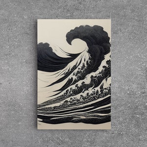 Black and White Tsunami Waves, Japanese Style Art, Framed Canvas Print, Ready To Hang Framed Wall Art, Living Room Wall Decor