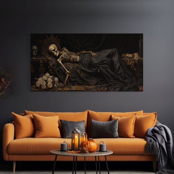 Eternal Slumber, Framed Canvas Print, Creepy Victorian Oil Painting, Halloween Art Prints, The Sleeping Skeleton Painting