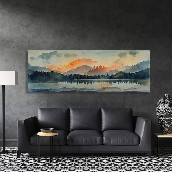 Watercolor painting of a forest fire, canvas print, landscape art, cool living room art, depressing art, Extra large panoramic wall decor