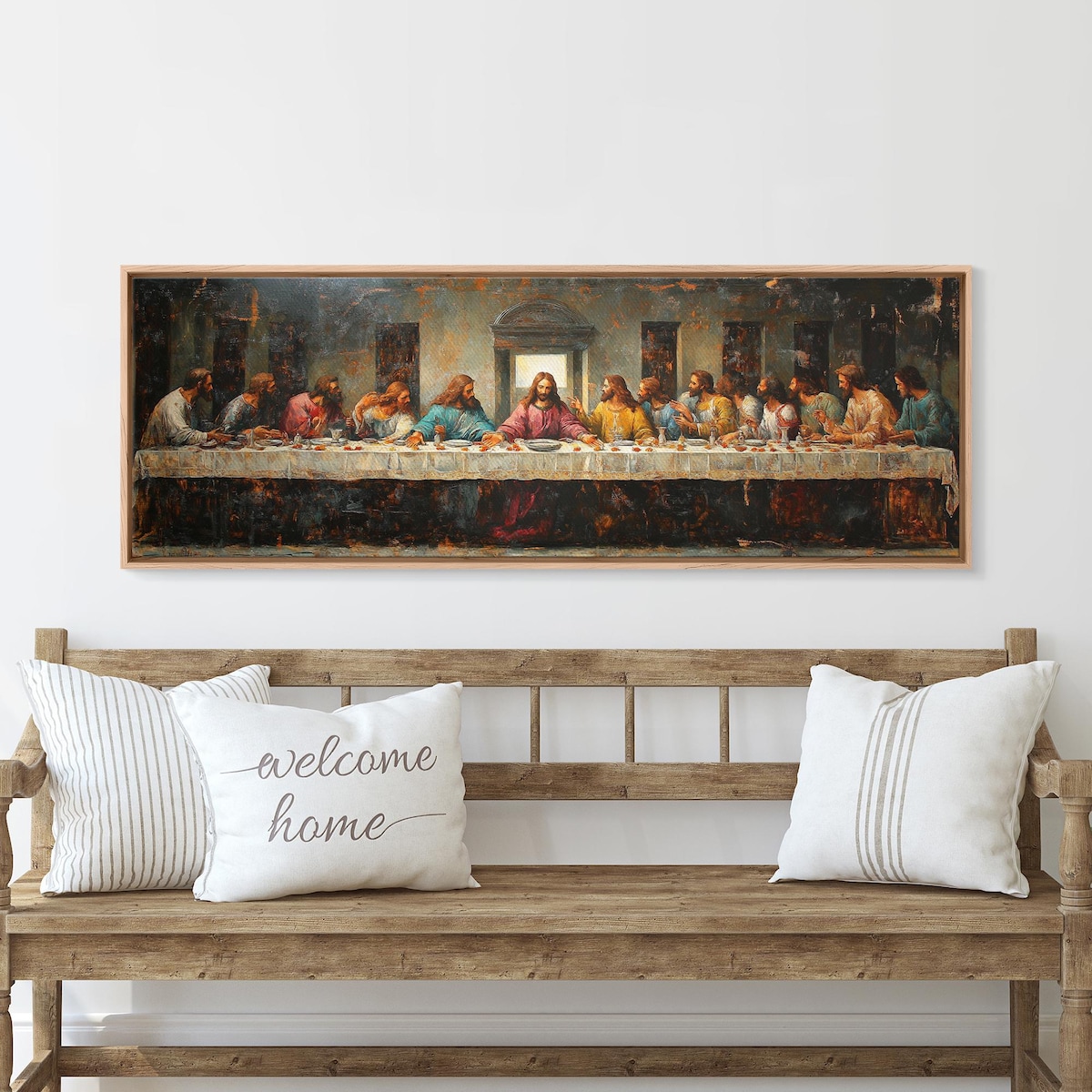 The Last Supper Style of Leonardo Depiction Christian Art Painting | Framed Canvas Print Panoramic Wall Art Modern Christian Art Large Chri