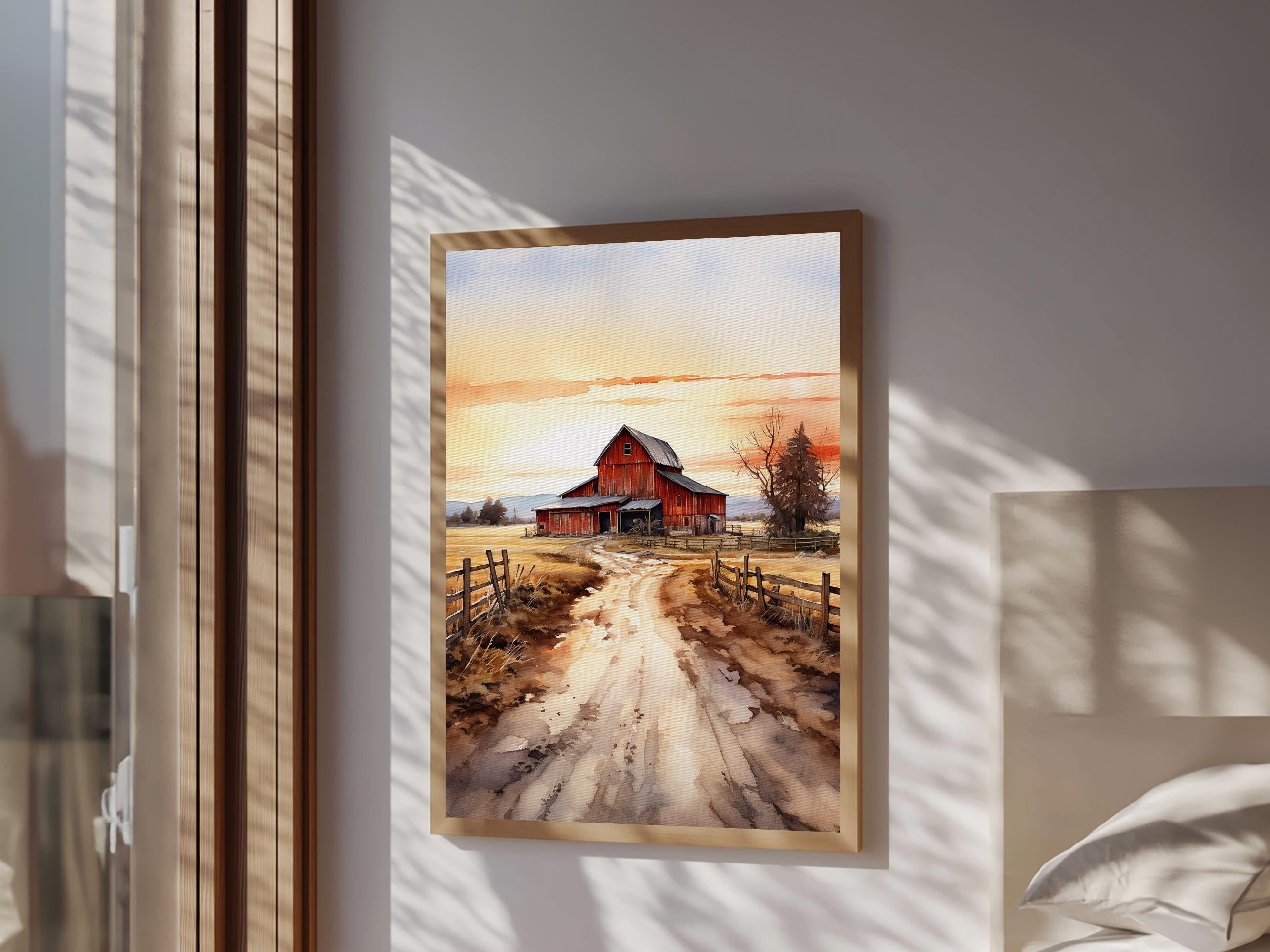 Sunset Over A Red Barn, Watercolor Painting Canvas Print, Country ...