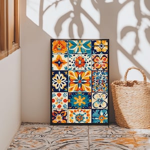 Textile Wall Art, Mexican Tile Canvas Print, Framed Wall Art, Mexicano Style Decor, Chicano Art, Textile Painting Wall Art