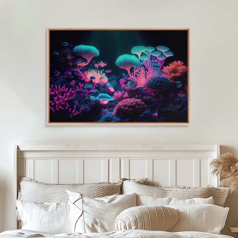 Coral Reef art, synthwave aesthetic ocean art, framed canvas art, framed wall art canvas print image 16