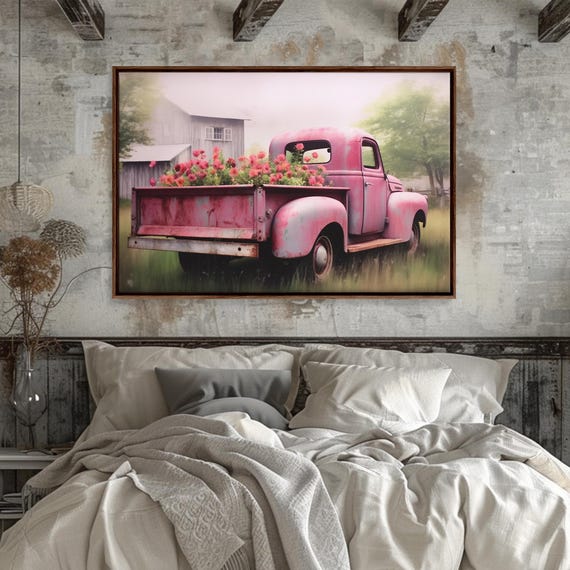 Old Pink Truck Used as a Flower Bed, Framed Canvas Print or Poster