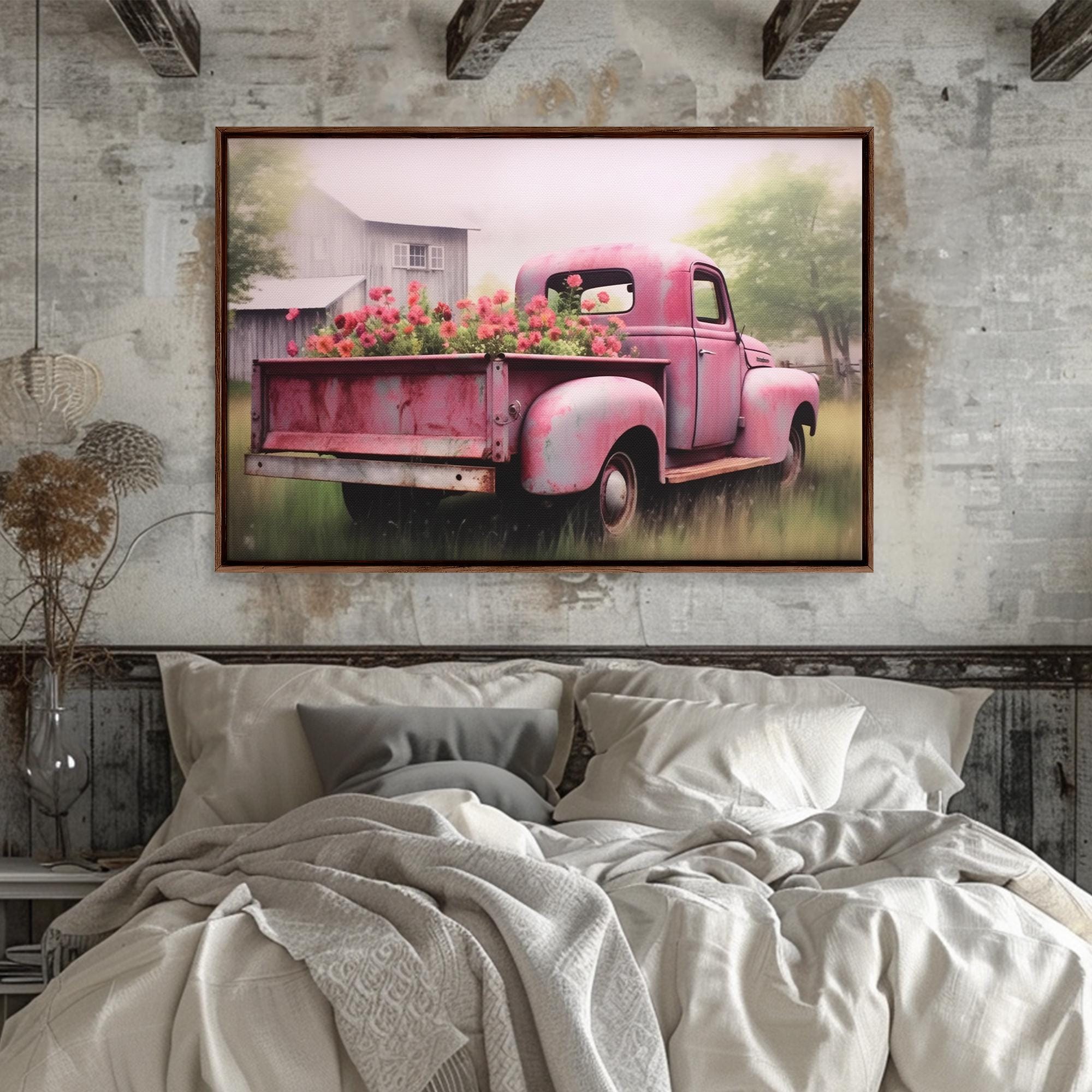 Old Pink Truck Used as a Flower Bed, Framed Canvas Print or Poster