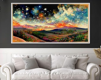 Night Starry Sky Landscape On Canvas Print Colorful Night Sky Painting Nature Painting Living Room Wall Art Spiritual Starry Painting