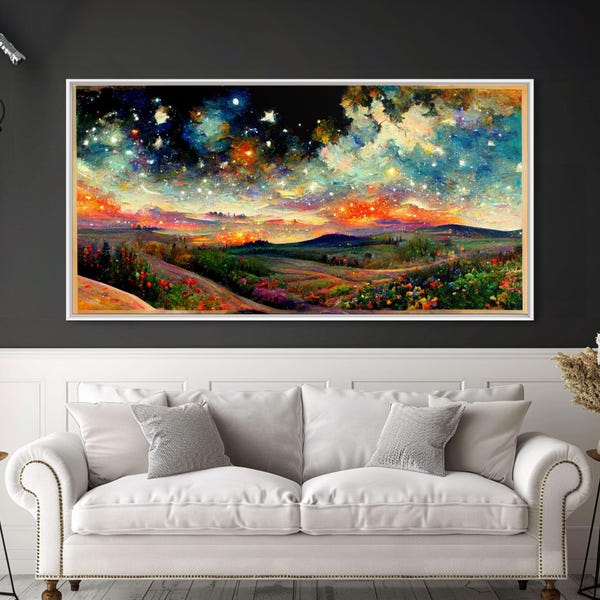 Paisaje de cielo estrellado nocturno sobre lienzo, impresión colorida, pintura de cielo nocturno, pintura de naturaleza, arte de pared para sala de estar, pintura espiritual estrellada