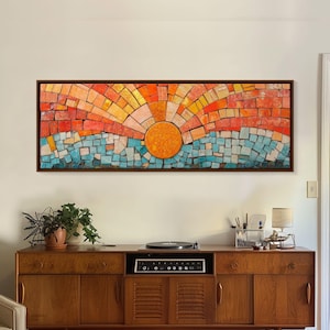 Panoramic Print - Sunset Mosaic Canvas Print - Wood Framed Wall Art - Horizontal Abstract Art Wide Wall Art - Above Bed Decor Framed Canvas