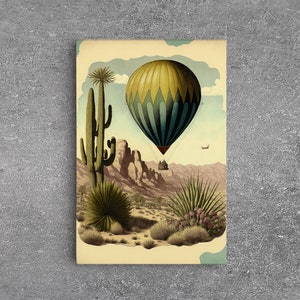 Retro Art Deco Style Hot Air Balloon Art, Framed Canvas print, framed wall art, desert landscape with cactus