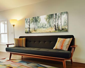Silver Birch Trees in Spring Panoramic Canvas Print, Panoramic Painting, Aspen Trees Painting, Forest Landscape Horizontal Wall Art