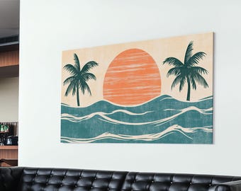 Japanese Wood Block Print Style Sunset and Palm Trees, Framed
