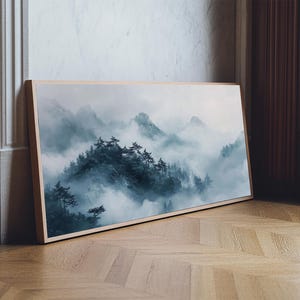 Misty Mountain, chinoiserie wall art, framed canvas print, zen wall art, mountain painting, panoramic painting, extra wide art