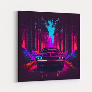 Synthwave Modern Muscle Car Art, Framed Canvas Print, Unique Outrun Style Wall Art, Retro Vibes, Muscle Car In a Forest Road image 1