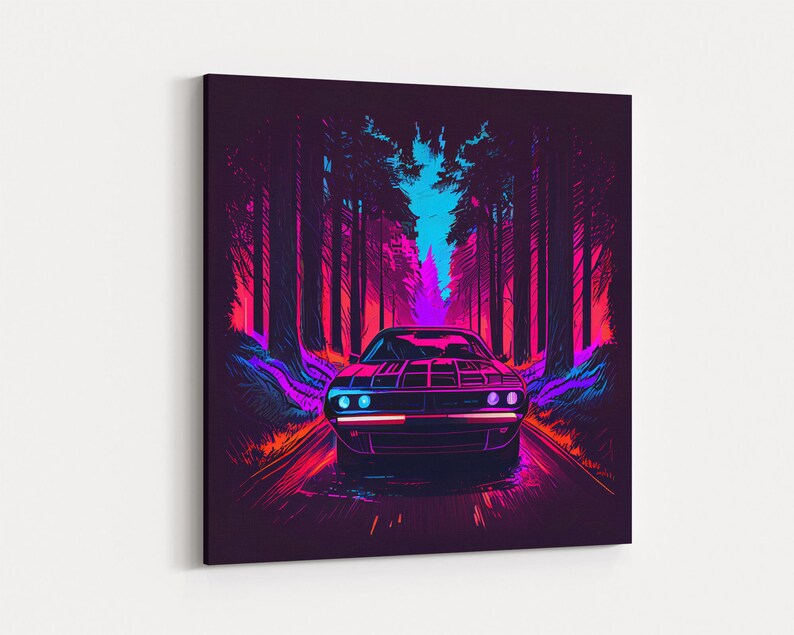 Synthwave Modern Muscle Car Art, Framed Canvas Print, Unique Outrun Style Wall Art, Retro Vibes, Muscle Car In a Forest Road image 1