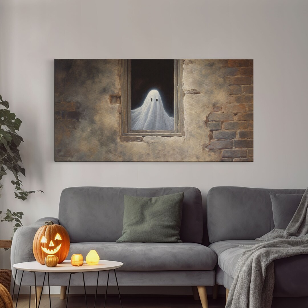 The Ghost in the Window, Funny Halloween Art, Ghost Print, Framed Canvas Art Etsy
