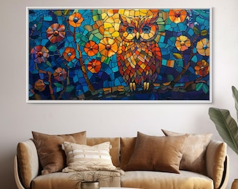 Stained Glass Style Owl Framed Canvas Print, Wall Decor, Kitsch Wall Art, Wood Framed Art, Original Owl Artwork