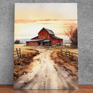 Sunset Over A Red Barn, Watercolor Painting Canvas Print, Country ...