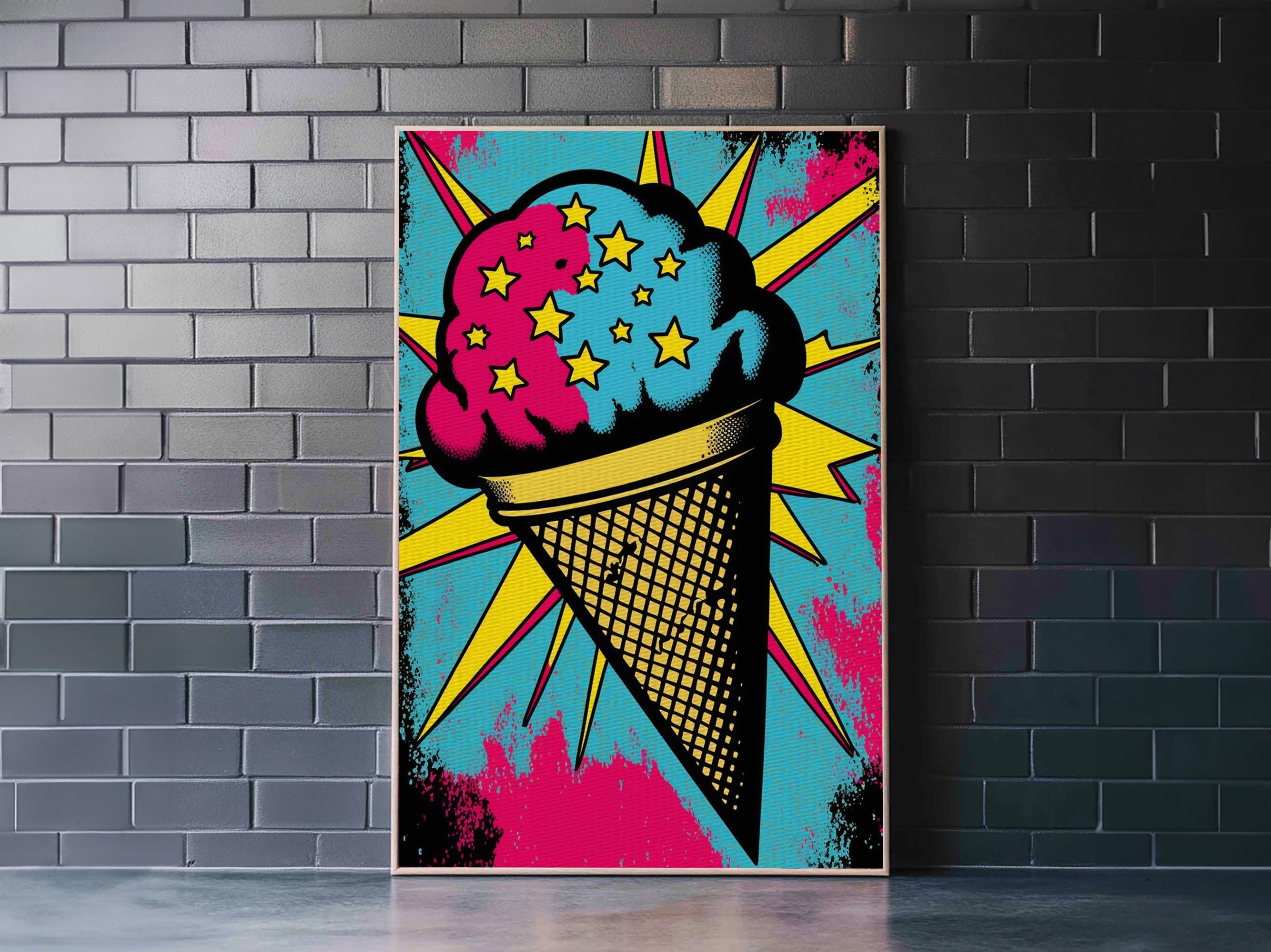 「 Ice Cream」版画 サイン入り 額装 モダンアート #484 Pop Art Ice Cream, Psychedelic Ice Cream Cone, Framed Canvas Print