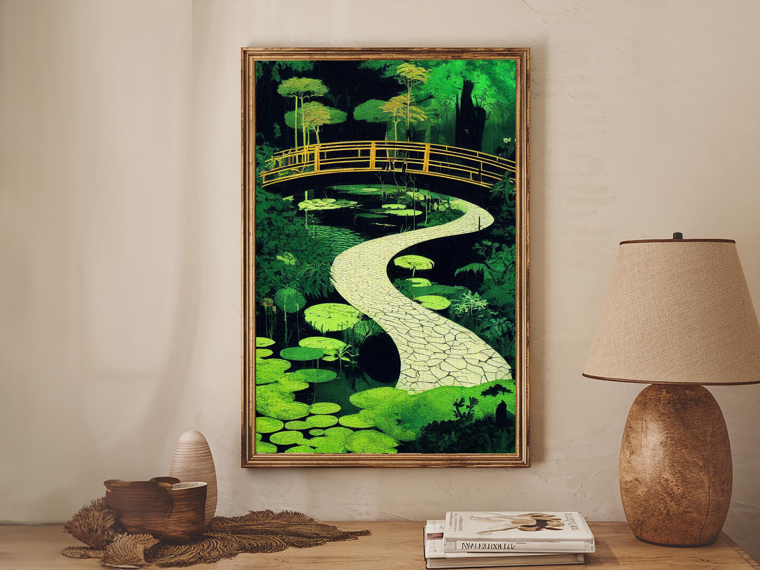 Emerald Green Japanese Zen Garden Art, Framed Canvas Print