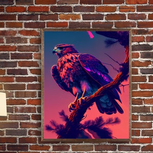 Impresión artística de un halcón posado en una rama con un atardecer morado. Decoración de pared. Póster.