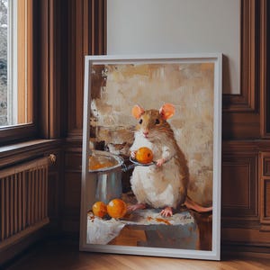Rats with Jobs, Framed Canvas Print, Rat Painting, The Rat Chef, Cute Rat Home Decor, Rat Cooking Stew