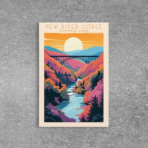 New River Gorge National Park, West Virginia Travel Art, National Park Print, Minimalist Travel Art, Midcentury Modern Retro Landscape