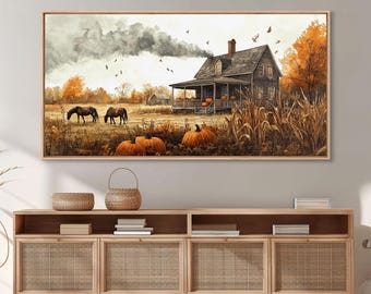 Horses grazing in autumn landscape, fall farmhouse decor, rustic wall art, decor, vintage fall wall print, framed canvas print