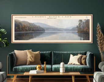 Laurel River Lake Kentucky Framed Canvas Print, Lake House Decor, Panoramic Wall Art, Travel Poster, Landscape Painting, Living Room Decor