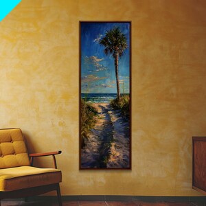 Modern Long and Narrow Coastal Art Print for Beach House, Beach Landscape Printed Canvas Art, Palm Tree Wall Art, Ocean Art for Living Room