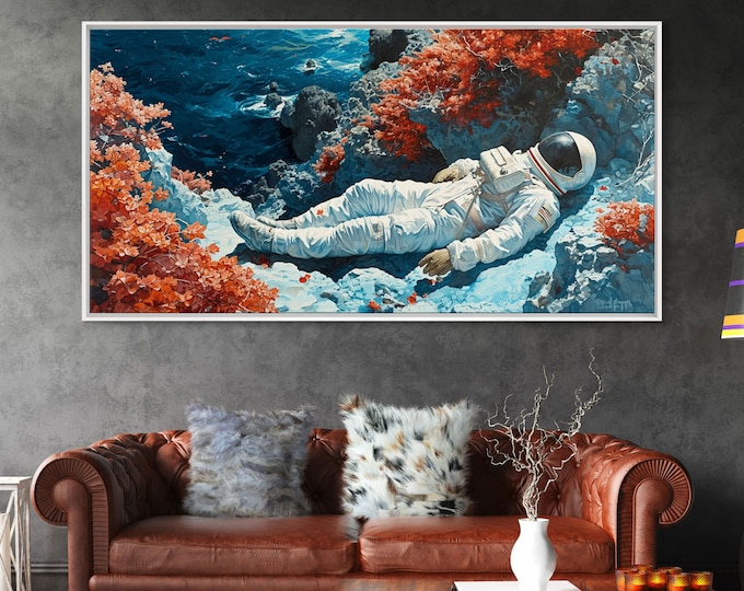 Original Scifi Artwork "Asleep Amongst The Stars" -  Framed Canvas Print, Astronaut Left Behind On An Alien World, Cool Scifi Decor, mancave
