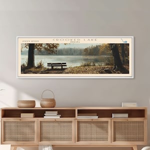 Crooked Lake Indiana Framed Canvas Print, Panoramic Lake House Decor, Wall Art, Travel Poster, Rustic Lake Painting, Nature Art