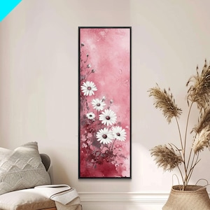 Daisy Wildflower Painting Framed Canvas Print, White Daisy Flowers on Pink Background, Rustic Cottagecore Wall Art Living Room Decor