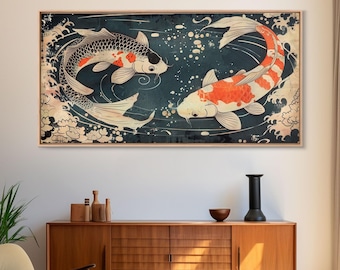 Feng Shui Koi Fish Art, Zen Art, Yin and Yang, Framed Canvas Print, Japanese Style Art, Watercolor Fish Art, Koi Print, Koi Painting