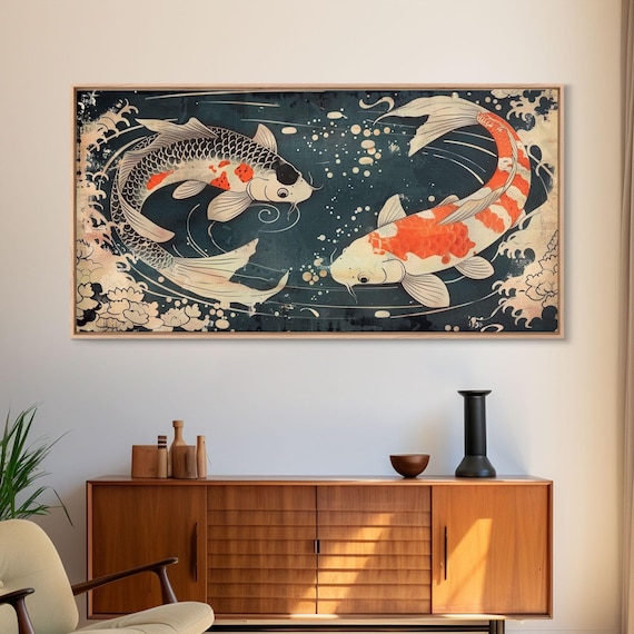 Feng Shui Koi Fish Art, Zen Art, Yin and Yang, Framed Canvas Print, Japanese Style Art, Watercolor Fish Art, Koi Print, Koi Painting