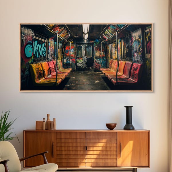 Graffiti Art On A Subway Train, Framed Canvas Print, Urban Decay, NYC 1970s, Graffiti Wall Art, Street Art, Pop Art, Industrial Art
