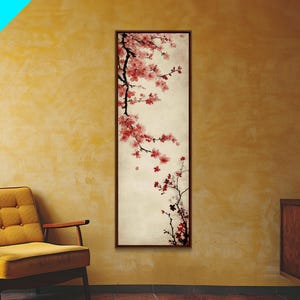 Cherry Blossom Branch Framed Canvas Print Tall Skinny Art Floral Japanese Decor, Cherry Blossom Painting Minimalist Wall Art, Above Sofa Art
